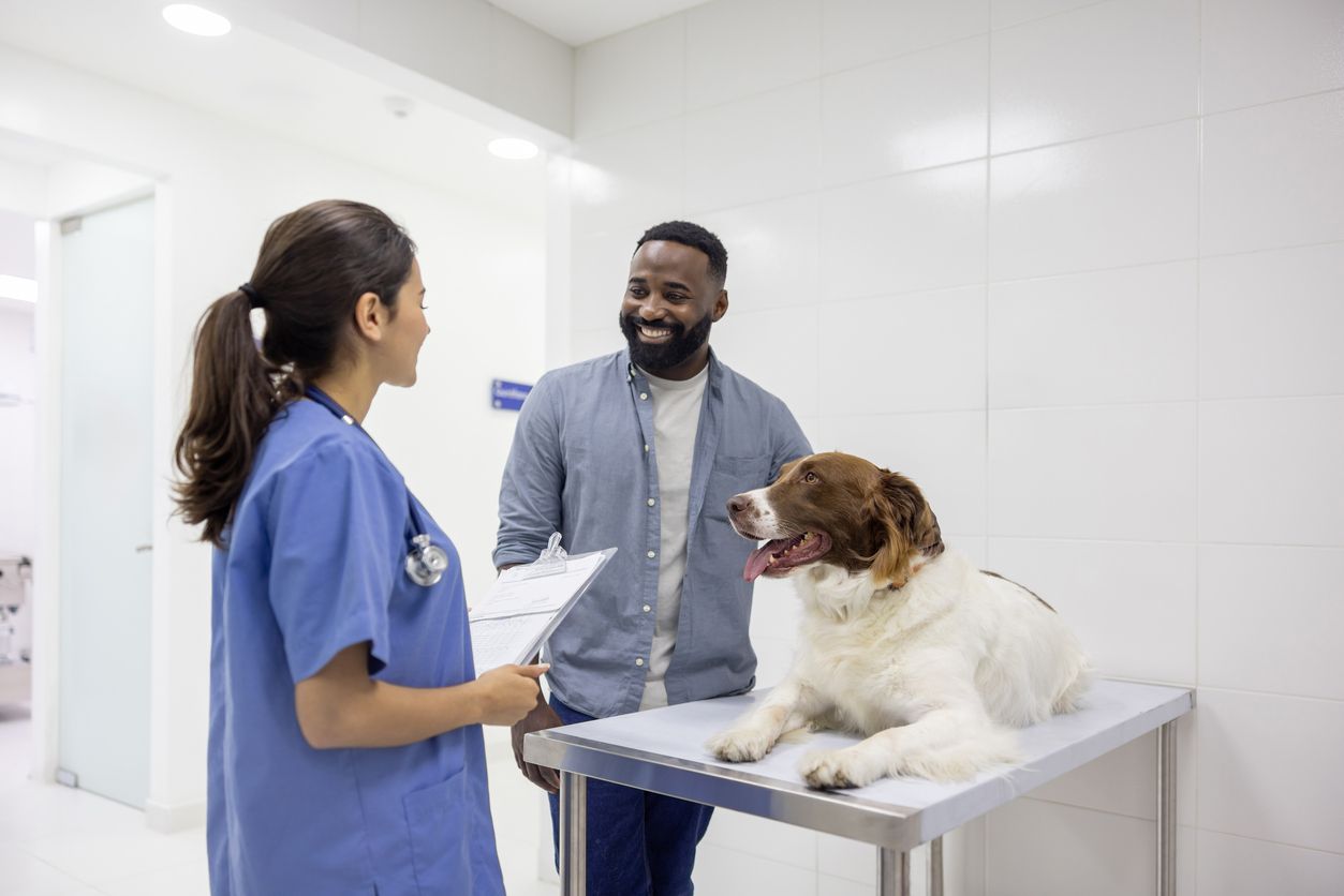 A man and his dog visit the vet