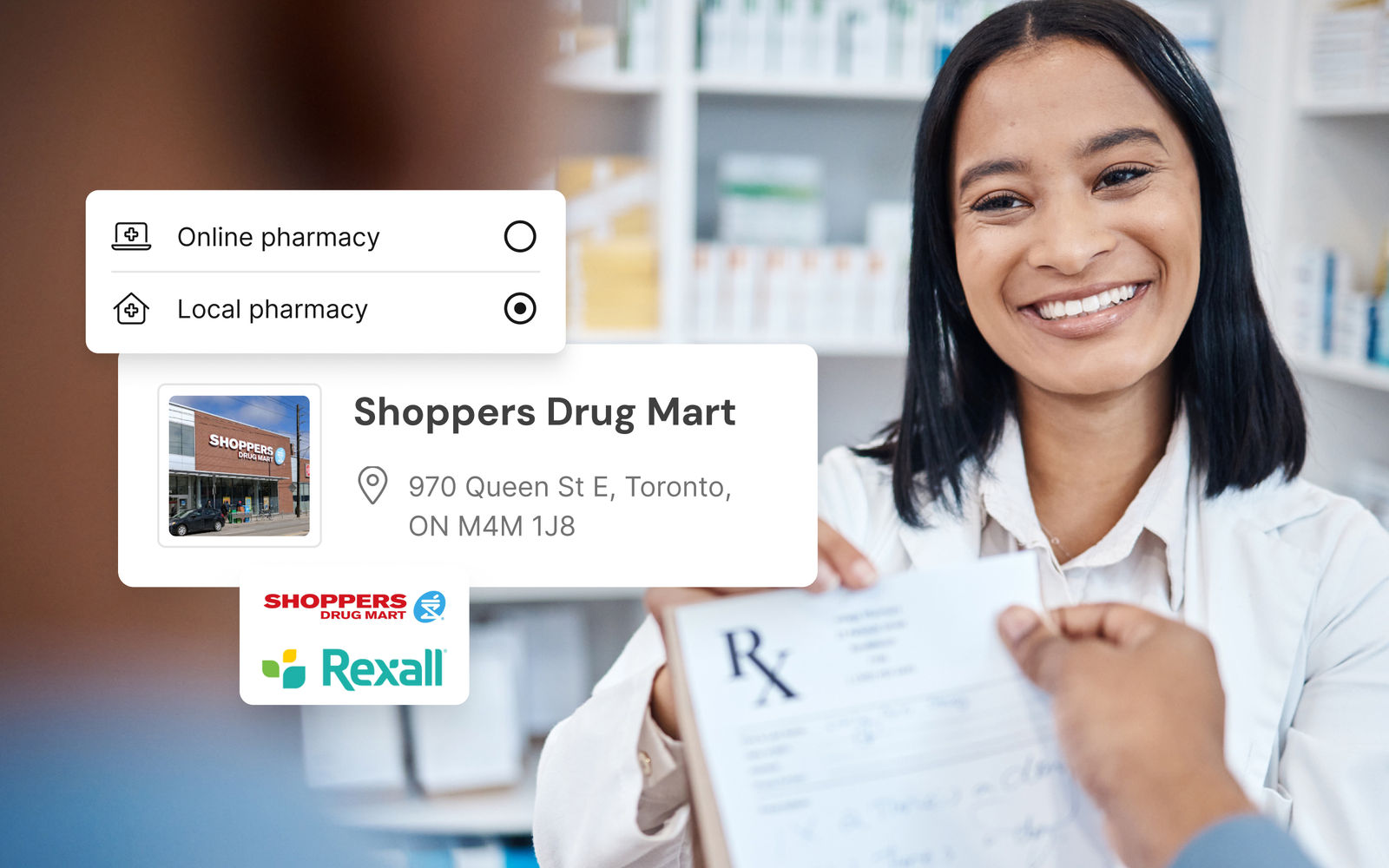 A woman holds a prescription document, showcasing the availability to send your prescription to your local preferred pharmacy.