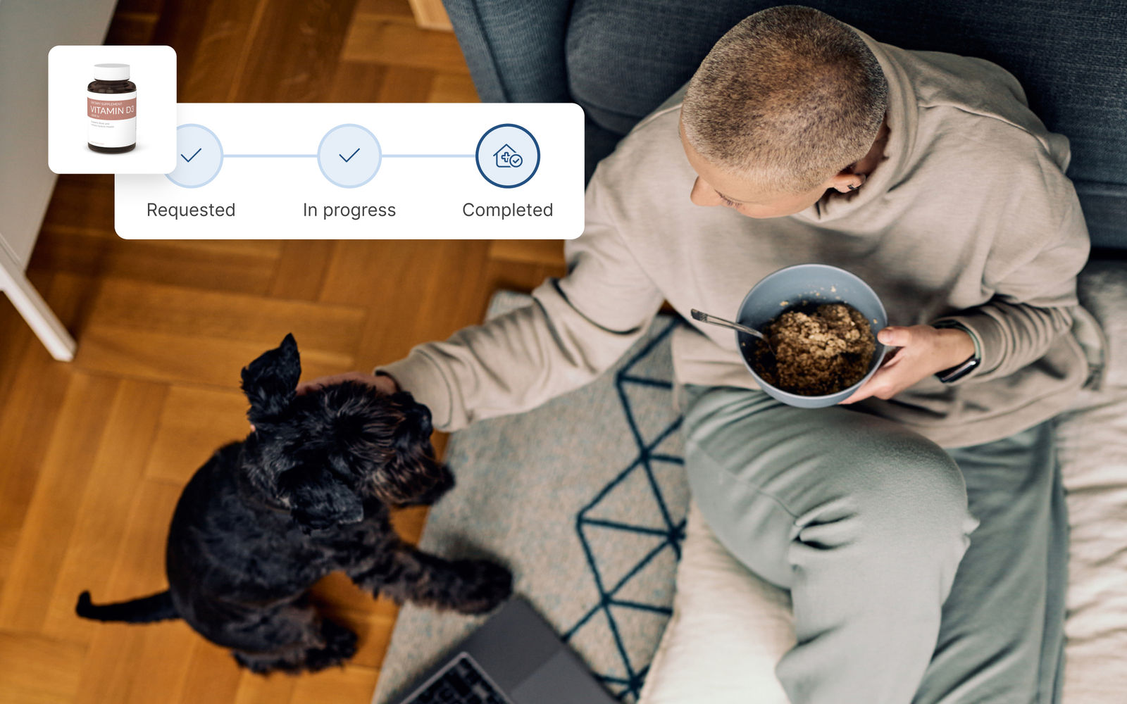 A man and his dog relax on a couch with a laptop, there are UI elements indicating progress in obtaining pet medication.