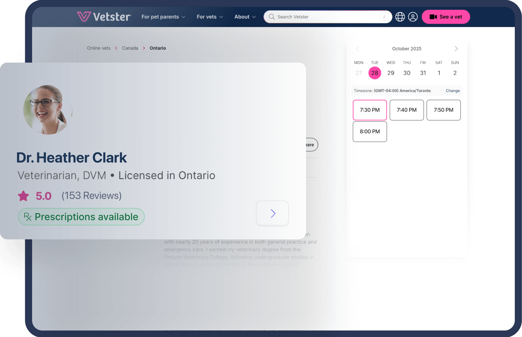Vetster veterinarian profile page with personal information and availability calendar
