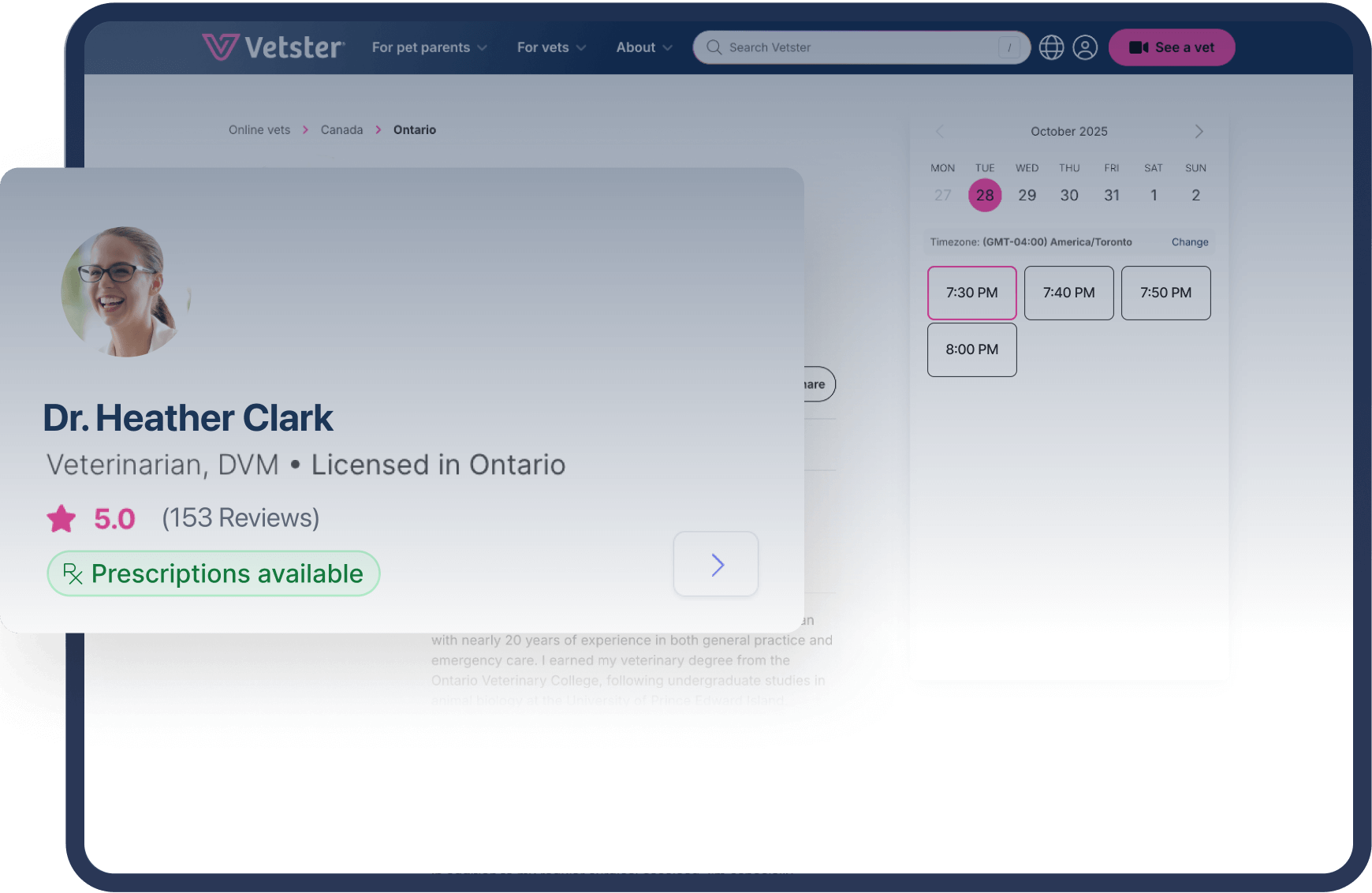 Vetster veterinarian profile page with personal information and availability calendar