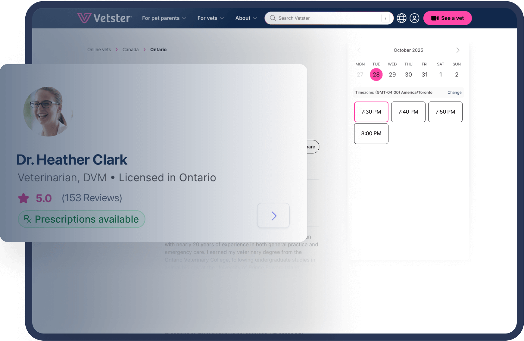 Vetster veterinarian profile page with personal information and availability calendar