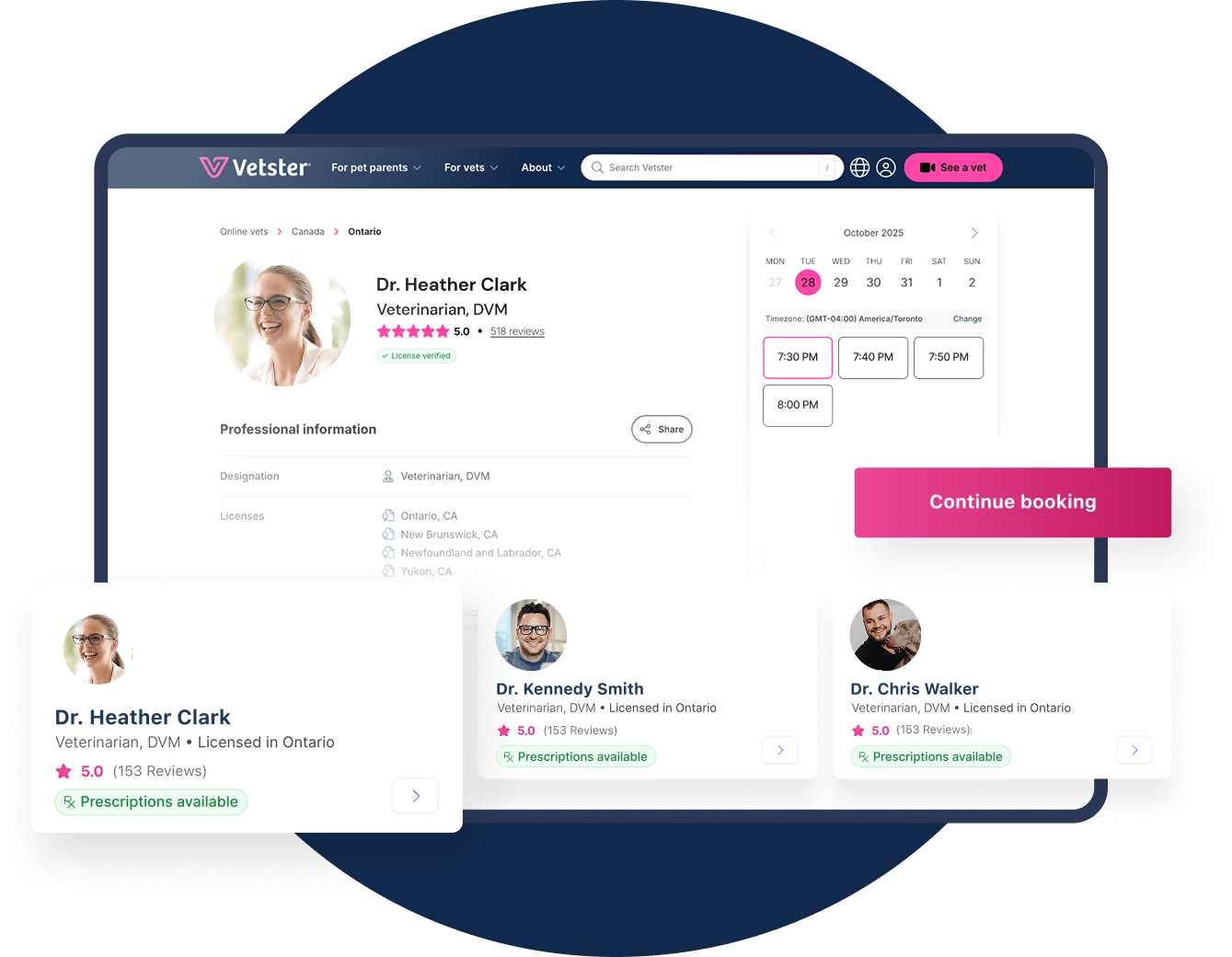 Vetster Veterinarian profile page with personal information and availability calendar